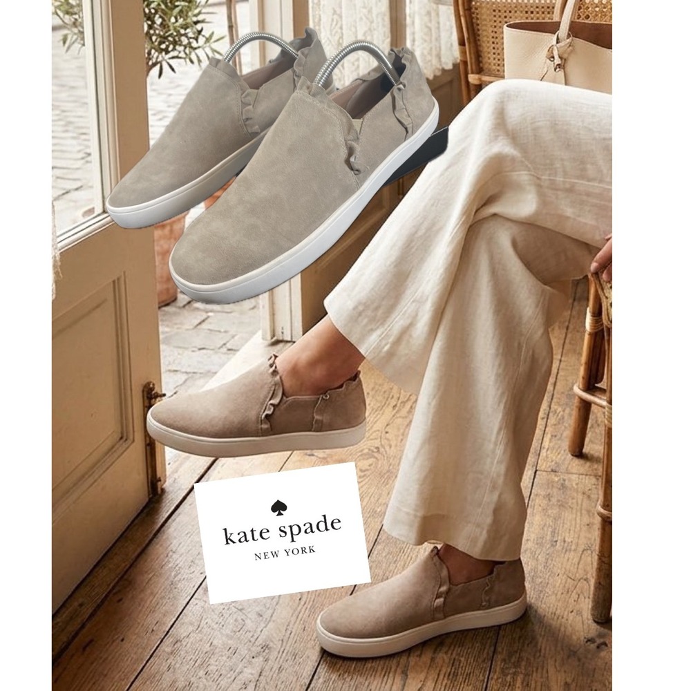 Kate Spade Lillie Taupe Suede Ruffle Slip On Sneakers Shoes Womens 10M